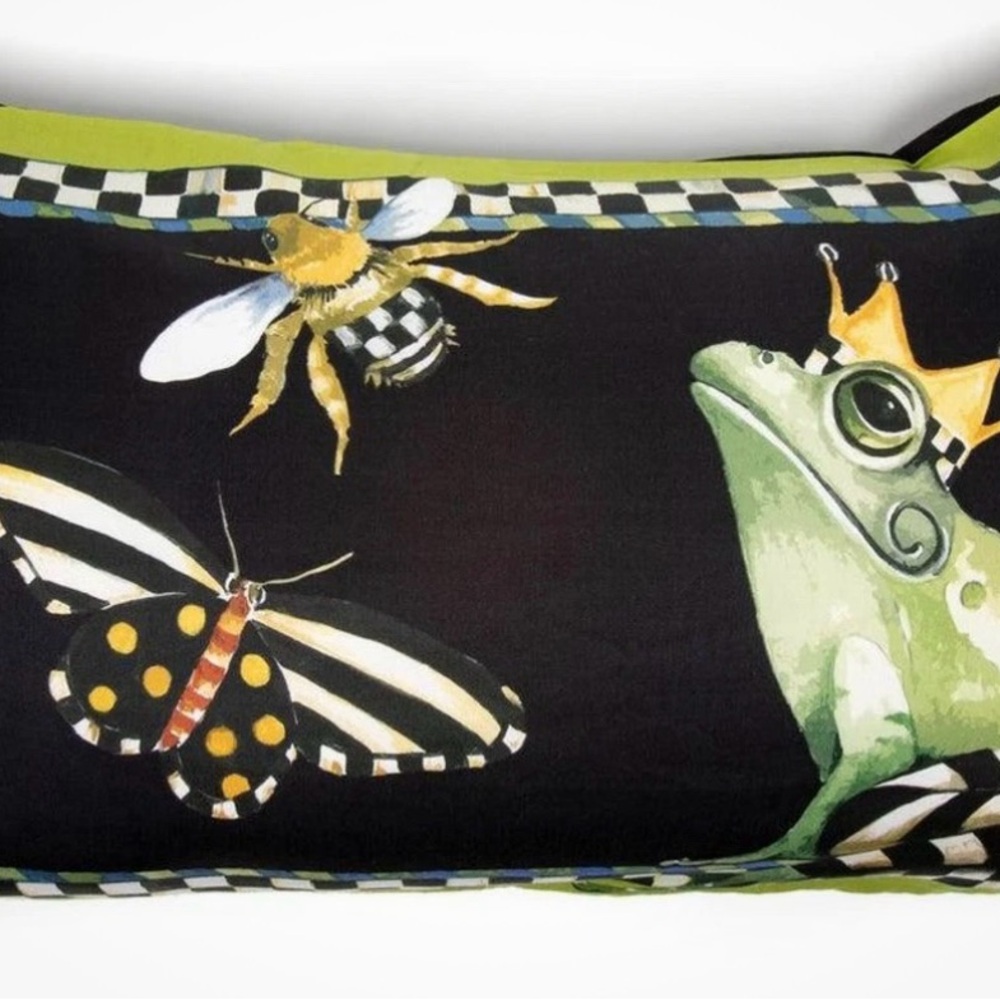 MacKenzie-Childs Green and Black Frog and Bee Lumbar Pillow